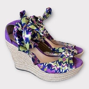 UGG Luciana Silk Purple Print Ankle Bow Wedge Espadrilles Size 7